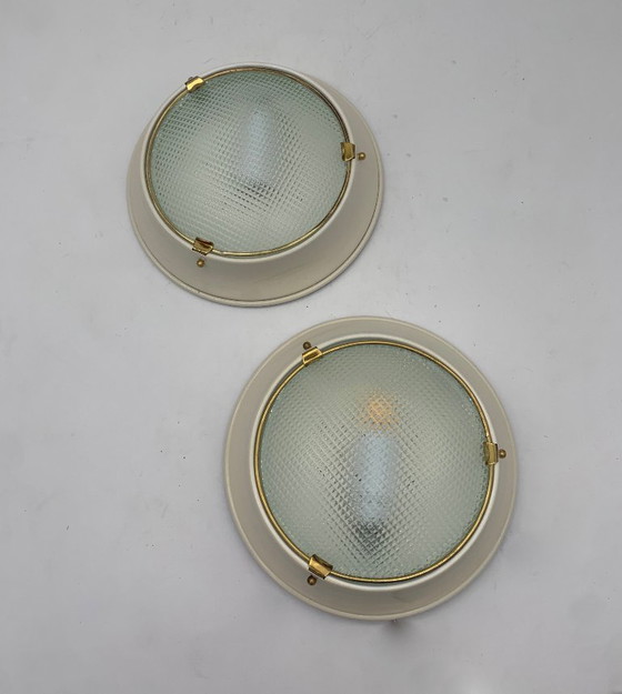 Image 1 of Paar plafondlampen - wandlampen - toegeschreven aan Fontana Arte, vintage Italië, ivoorwit