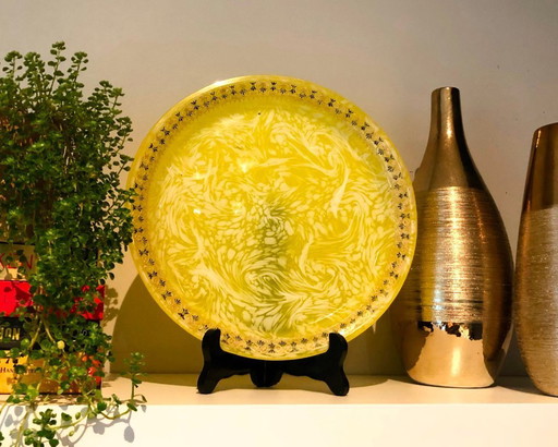 Hand Blown Art Glass Plate Yellow White Swirl Gold Rim Murano Style Vintage