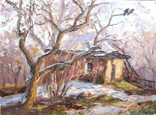 Origineel olieverfschilderij Landelijk landschap Dorpserf Oud huis Oude appelboom