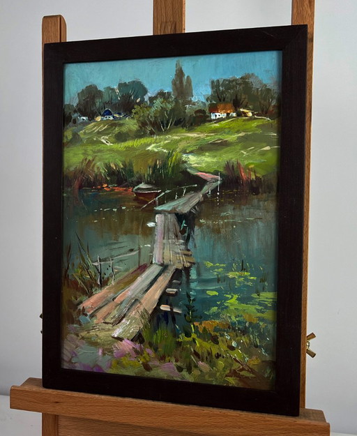 Original Oil Painting Summer River Landscape Bridge to the village