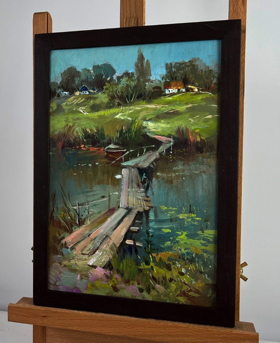 Image 1 of Original Oil Painting Summer River Landscape Bridge to the village