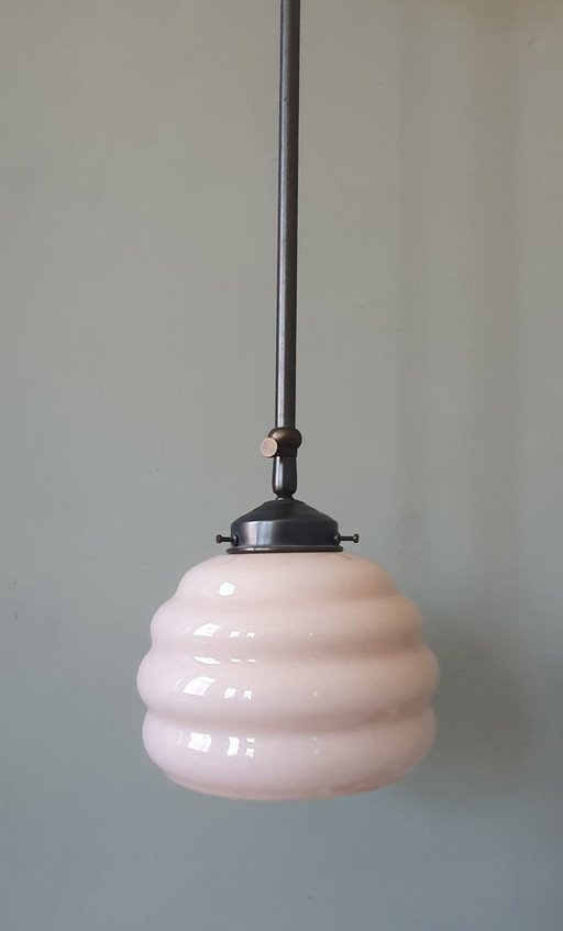 Long Vintage Art Deco Rose Opaline pendant lamp - hanging lamp