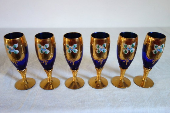 6 bicchieri da aperitivo Murano blu cobalto e oro vintage, Bicchieri e caraffe (foto 2 di 11)