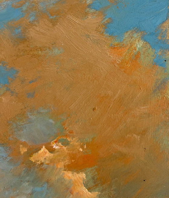 Image 1 of Original Oil Painting Sunset Field Landscape Sunset over the lake