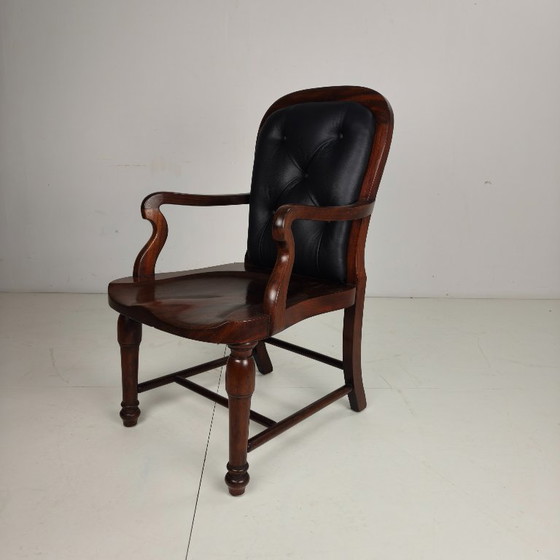 Image 1 of Sedia da biblioteca vittoriana inglese in noce e pelle