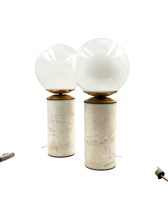 Image 1 of Hollywood regency set of 2 Carrara marble & brass table lamps, Lucirhytmo Italy 1970s