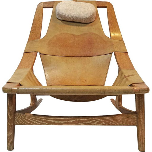 Poltrona vintage in pelle e legno di quercia "Hholmenkollenjren" di Arne Tidemand Ruud per Norcraft, Norvegia