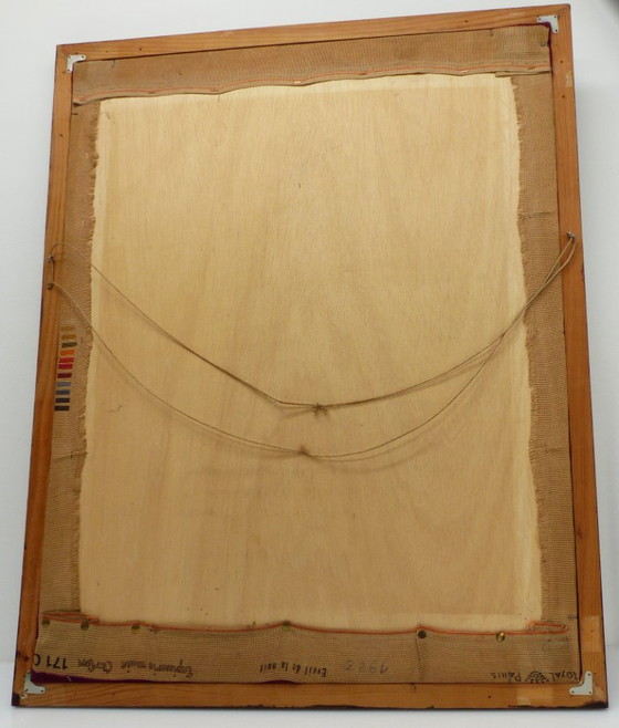 Image 1 of Grande tela da parete incorniciata con decorazione stilizzata di gufo e fogliame, produzione Royal Paris, anni '70.