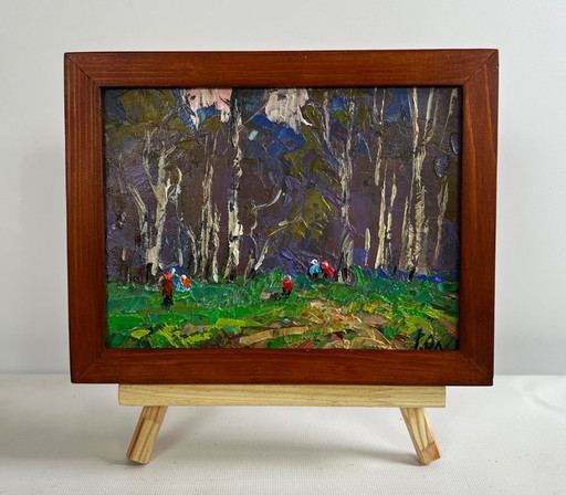 Original Oil Painting Gloomy Forest Landscape Blooming spring