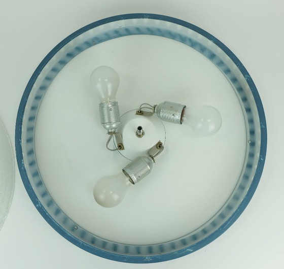 Image 1 of rare large mid century modern CEILING LIGHT by hillebrand 1960s flush mount textured glass blue metal frame