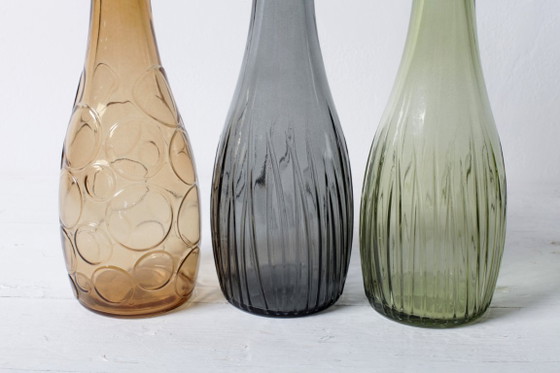 Image 1 of Set of 3 Grey, Green and Amber Glass Vases / Colored Bottles or Flower Vases / Ikea / 2000s