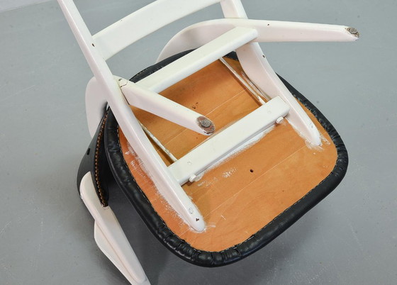 Image 1 of Louis van Teeffelen Dutch Design Pelican Arm Chair for Webe in Solid White Painted Teakwood and Black Leatherette. 