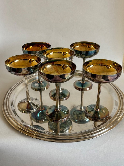 6 vintage silver-plated glasses and tray