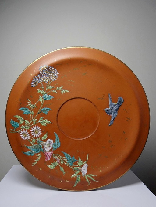 Large Antique Clay/Terracotta Dish with Japanese Art Nouveau Enamel