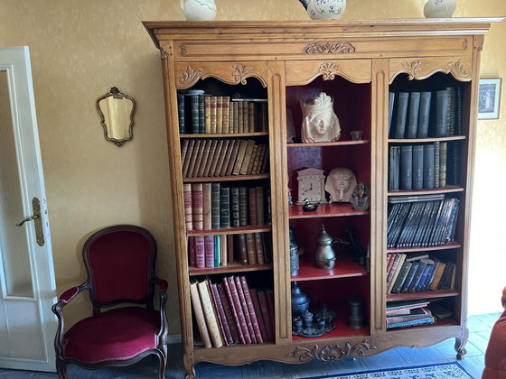 Image 1 of Antique vintage wooden bookcase with carved floral moldings
