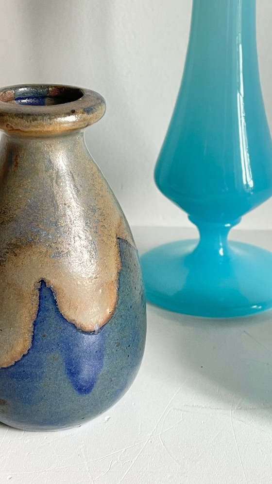 Image 1 of 3 Vintage Ocean Blue Stoneware and Opaline Glass Vases