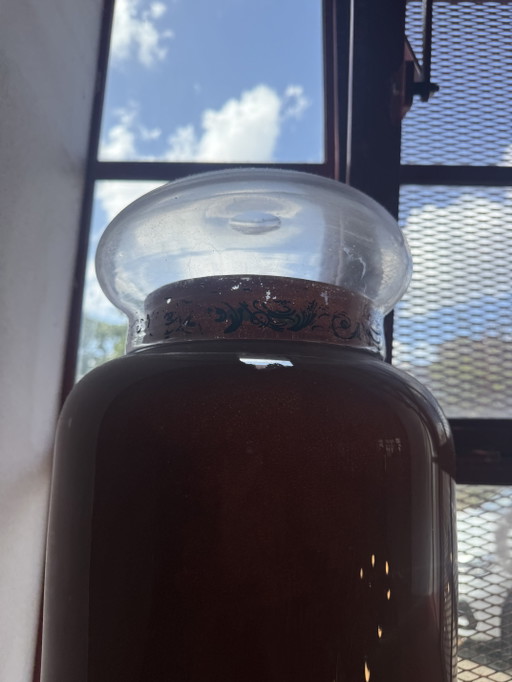 Vaso da farmacia antico in vetro Art Nouveau con coperchio