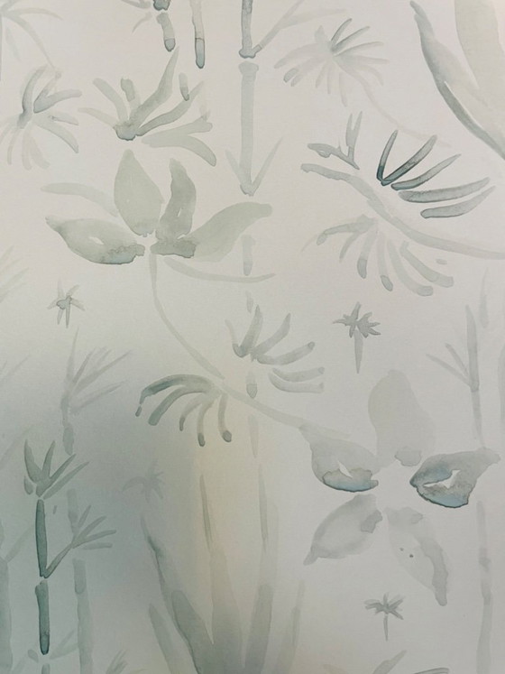Image 1 of Signed monochrome sage green watercolor "jungle" landscape