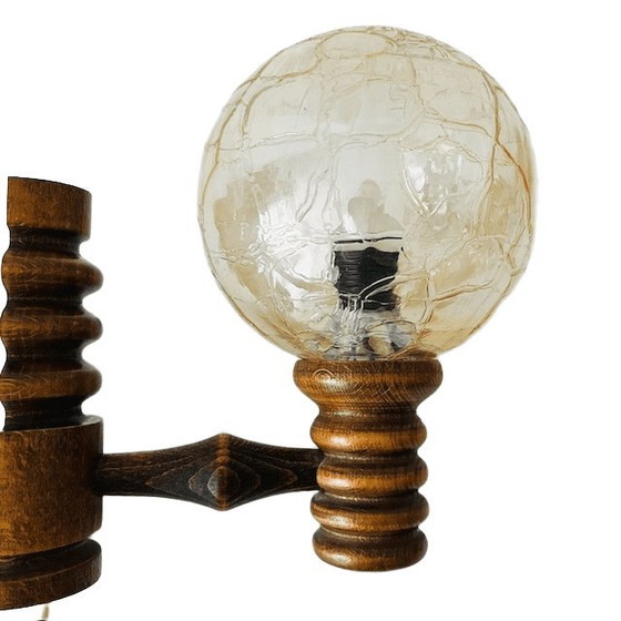 Image 1 of Vintage mid-century wandlamp massief hout iriserend glazen bol perzik 1970's