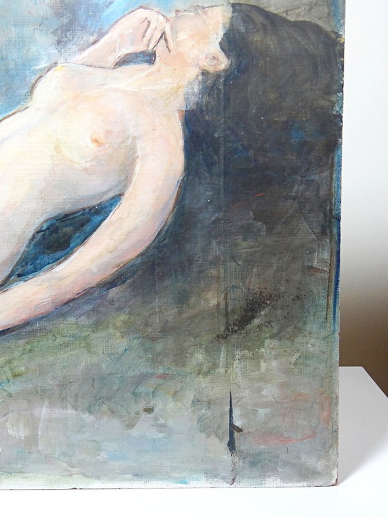 Image 1 of Large painting of a reclining nude woman, modern oil on panel, vintage style