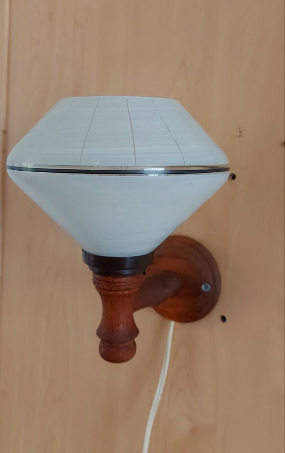 Vintage wooden wall light with milk glass shade (photo 4 of 6)