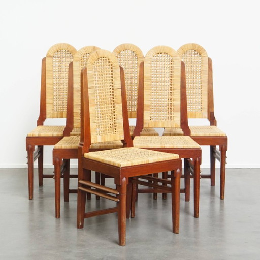 6 x Houten Art Deco design eetkamerstoel met een rieten zitting en rugleuning