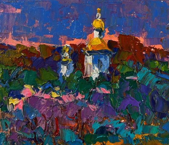 Image 1 of Original Oil Painting Evening Church Landscape Melody through the rural silence