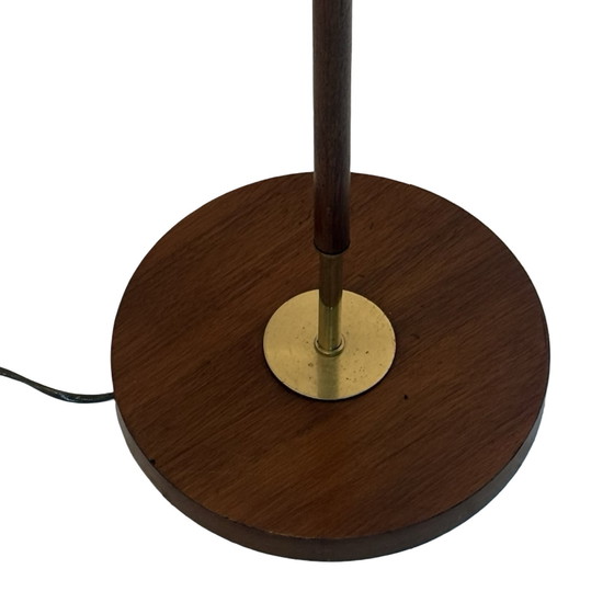 Image 1 of Temde Leuchten - Floor lamp - Space age design - Brass and teak wooden base - fabric covered shade - ca. 1960’s