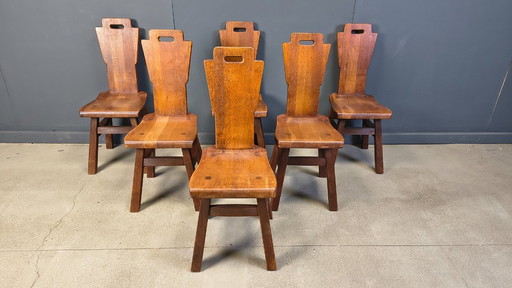 Vintage eikenhouten brutalistische stoelen, jaren 70, set van 6