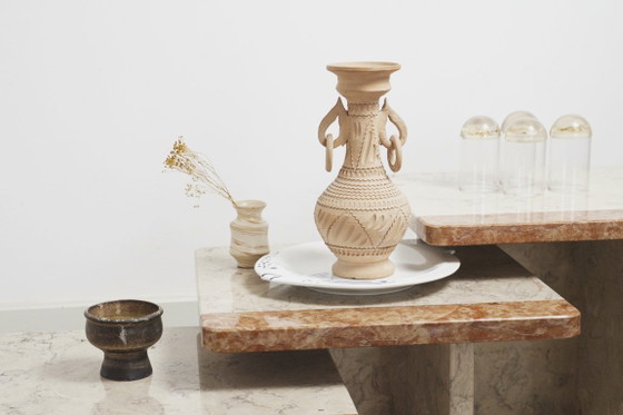 Image 1 of  Vintage Marble Nesting Tables Set of 3, Square Side Tables, Postmodern Solid Fossil Marble Stone Coffee Tables, Modern Accent F