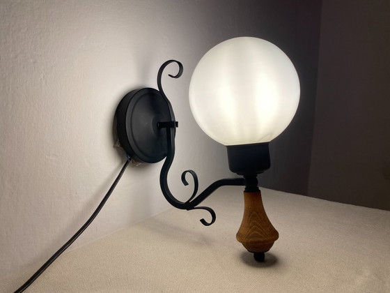 Vintage Opal Glass Globe Wall Lamp with Wood Detail, 1970s, Wall lights, Metal, Black (photo 16 of 16)