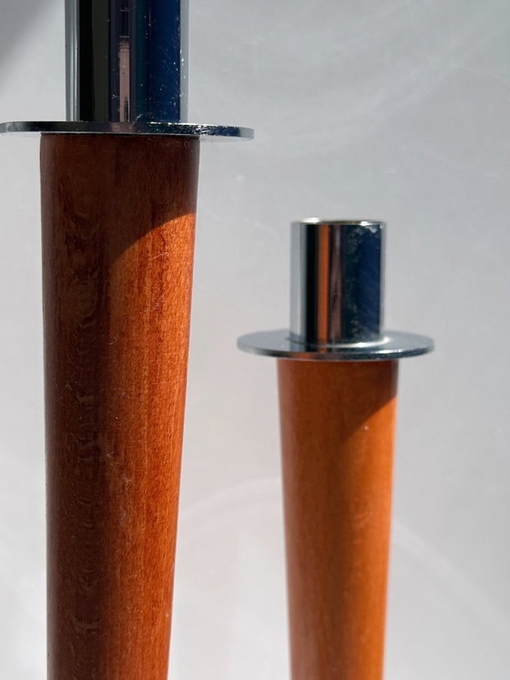 Image 1 of 2 Vintage Candlesticks Metal Wood Mid - Century 70s 1970 Skandi Japandi Boho Candlestick Set