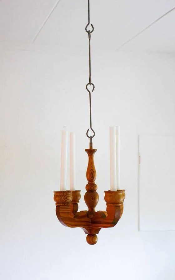 Image 1 of Bougeoir lustre suspendu rustique en bois de Smålandsslöjd, Suède, 1975