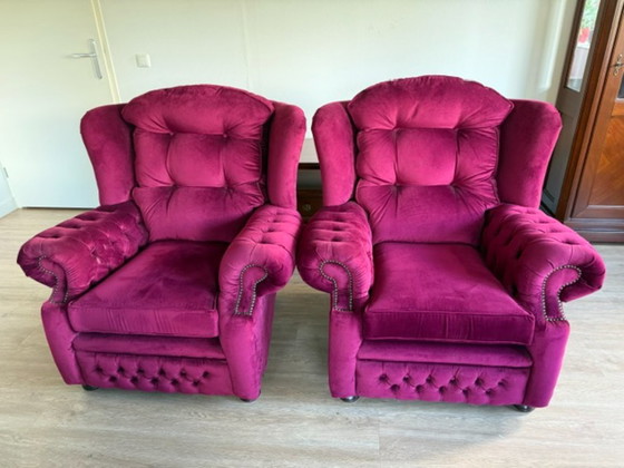 2x Englischer Springvale Chesterfield Suzanne Ohrensessel In Top Zustand! – Velvet (photo 4 of 6)