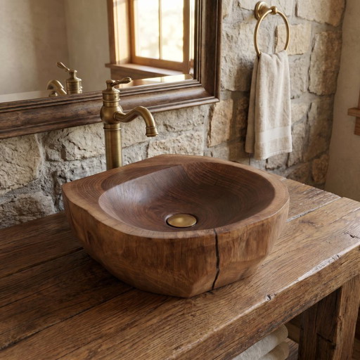 Lavabo de madera de nogal tallado a mano – Lavabo de baño escultural orgánico, Logniture