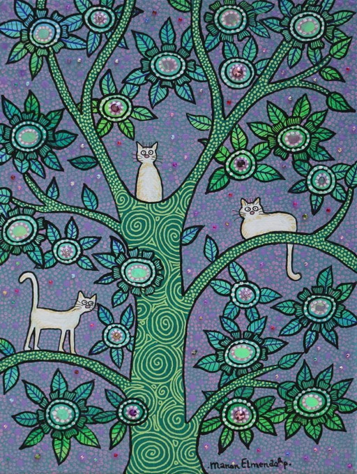 Original Hand-Painted Small Painting White Cats in a Tree