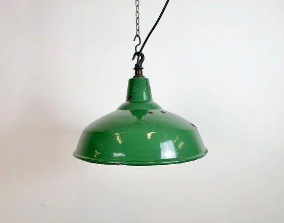 Image 1 of Industrial British Green Enamel Factory Pendant Lamp, 1960s