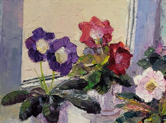 Original Oil Painting Floral Still Life Flowers on the Window Gloxinia in a Vase – Paintings & Drawings (photo 4 of 7)