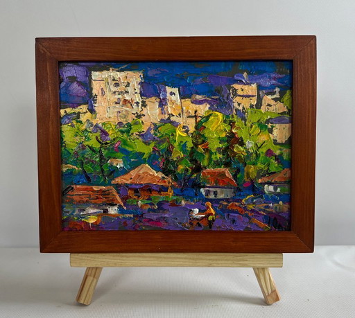 Original Oil Painting Summer Houses Landscape On the outskirts of the city