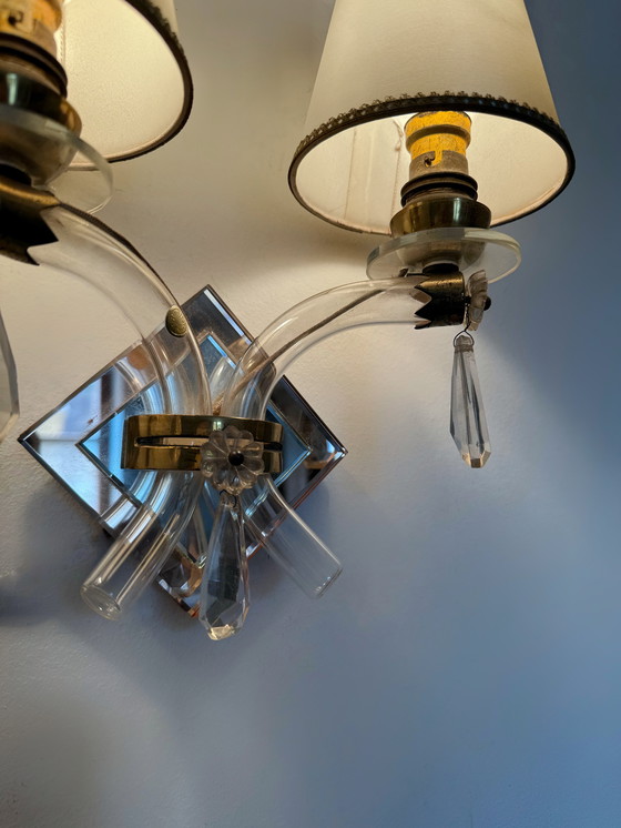 Image 1 of Art Deco crystal and brass mirror wall lights