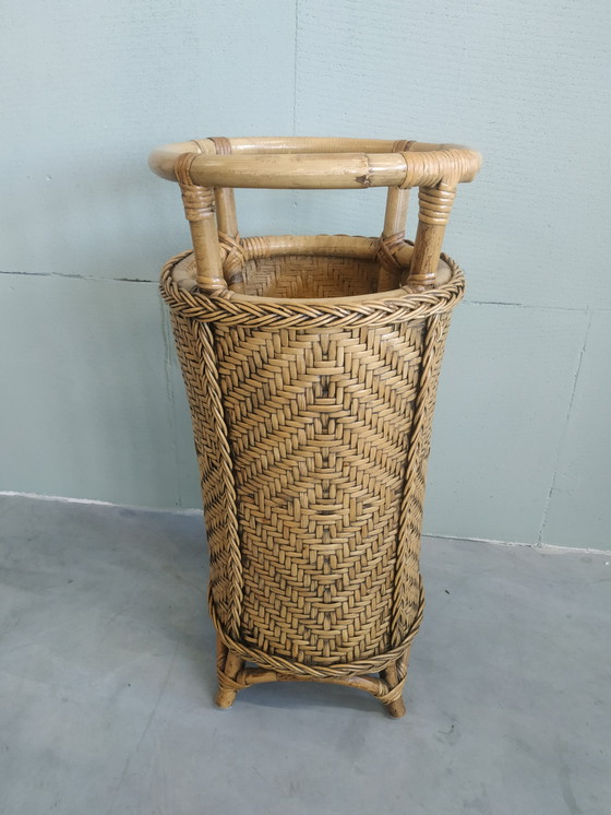 Image 1 of Porte-parapluie vintage en bambou et rotin Porte-plante
