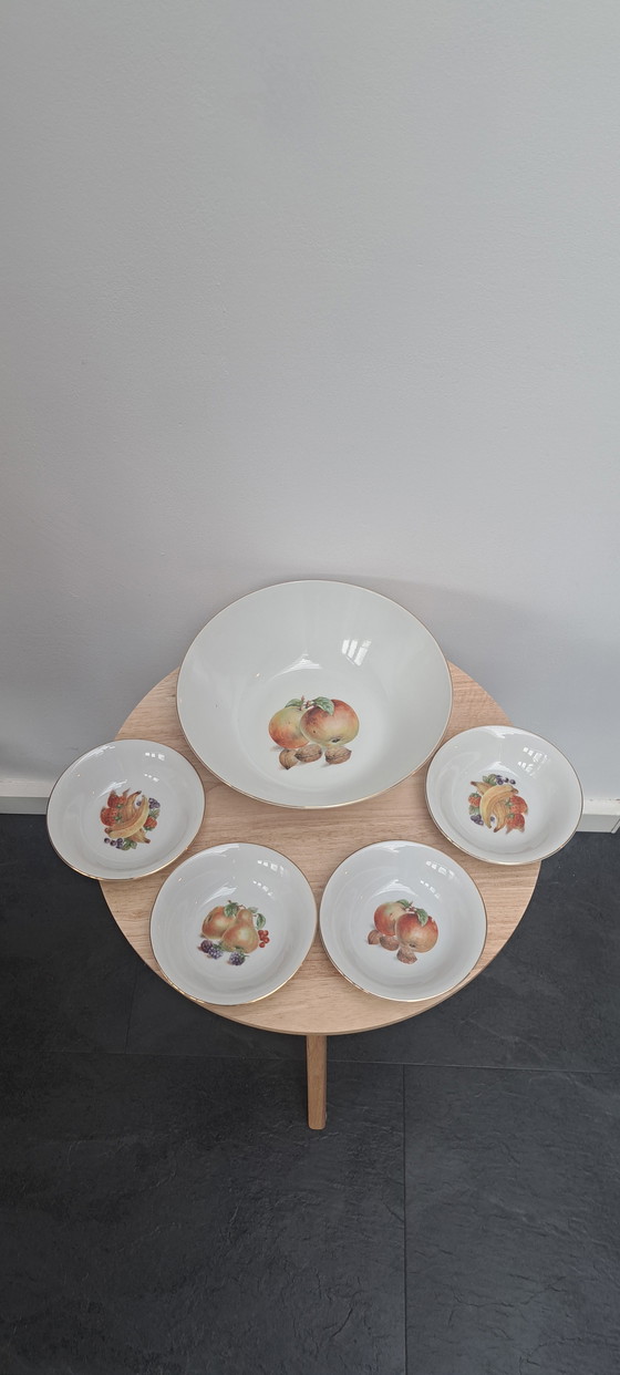 Image 1 of Bavaria Winterling Vintage Pudding Set – 1 ciotola + 4 ciotole piccole – Motivo frutta – Porcellana