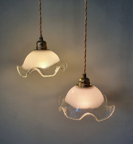 Set di 2 lampade a sospensione vintage in vetro bianco satinato, forma floreale, texture – Metal (photo 23 of 23)