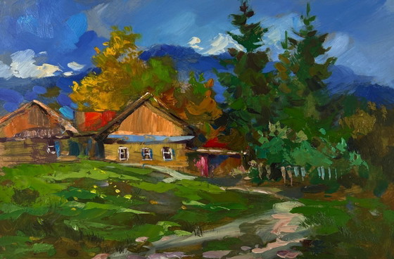 Image 1 of Original Oil Painting Rural Life Landscape Path to the Village
