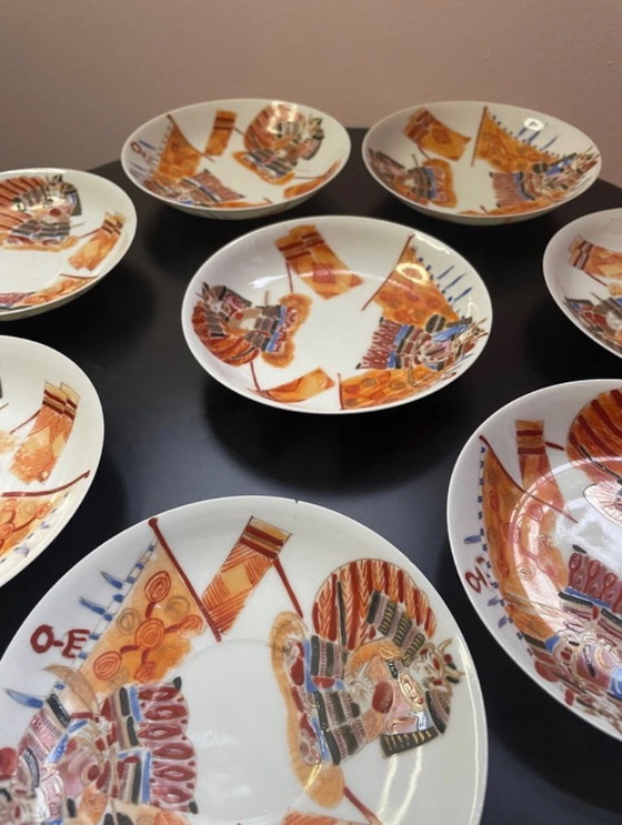 Image 1 of Antigüedad - Japonés Hichozan Fukagawa Imari - Período Meiji - Taza y platillo del guerrero samurái (7+7)