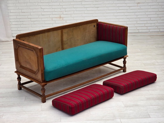 Image 1 of 1950s, Danish 2 seater drop arm sofa, original striped red furniture wool, oak wood.