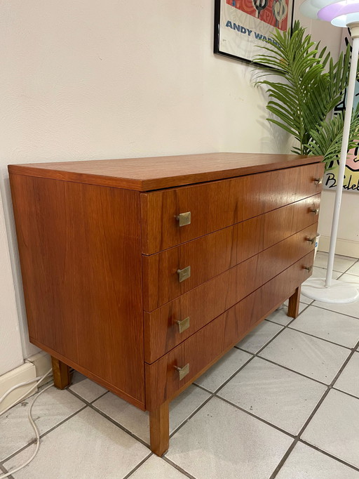 Vintage Chest of Drawers, Four Drawers. Brass Handles. Belgium 1970's