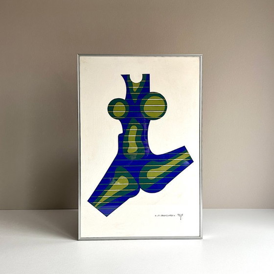 Image 1 of Vintage painting. Egon Peter Moosmann. Female torso. Op Art. 1970s. Hand-signed. Dated. Mid-Century Modern.