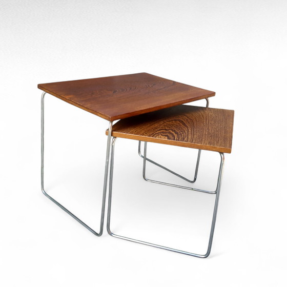 Image 1 of Juego de 2 mesas auxiliares Brabantia, tablero de wengué, patas cromadas