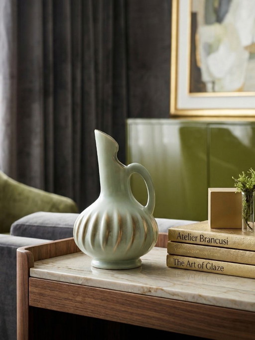 B. Letalle Saint-Clément ceramic vase – model 9002 – iridescent celadon green – 1950s/60s – 18 cm